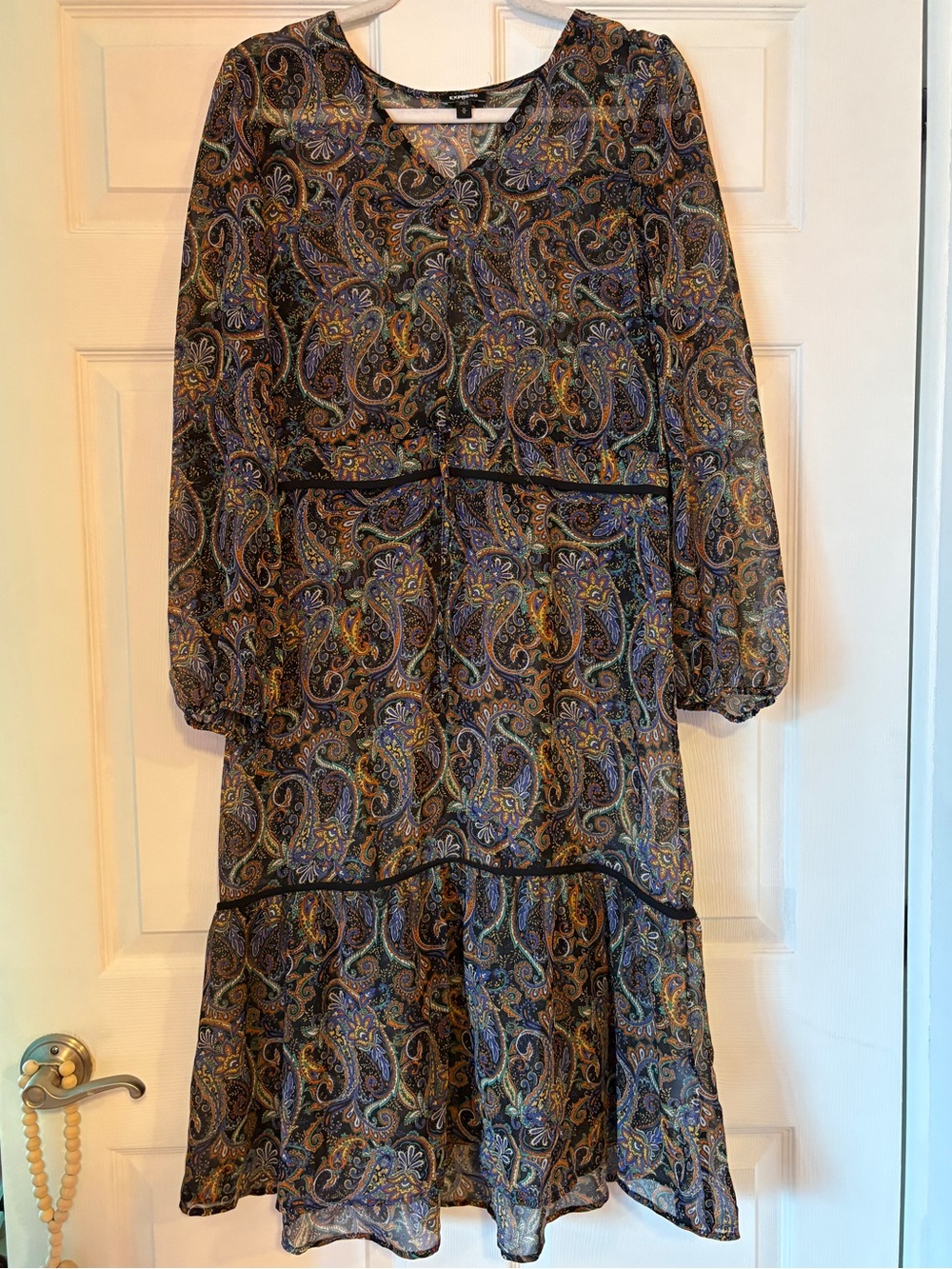 Express Long Sleeve Sheer Paisley Midi Dress - Black Multicolor